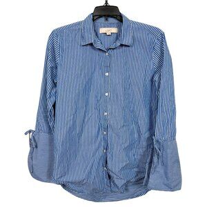 LOFT Button Up Shirt Womens XS Blue White Striped Flare Sleeve Career Workwear